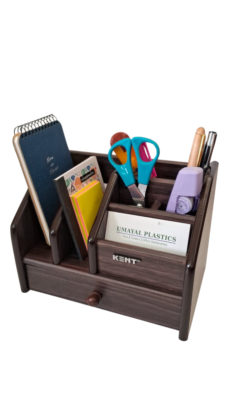 Pen stand | Wood |  multi- compartment pen holder with bottom drawer | Brown